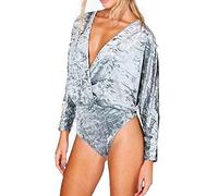 MA ONLINE Ladies Crushed Velvet WRAP Over Bodysuit Womens Velour Long Sleeve Leotard TOP Bodysuit Silver UK 8-10 = US 4-6