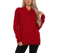 MA Online Ladies Long Sleeve Knitted Jumper Womens V Neck Collared 4Button Pullover Sweater (Red UK 16-18)