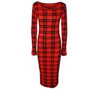 MA Online Ladies Womens Long Sleeve Stretch Jersey Bodycon Printed MIDI Dress Plus Size Dress RED Tartan UK 8-10 = US 4-6