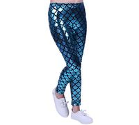 MA ONLINE New Kids Mermaid Fish Scale Print Slim Fit Shiny Disco Metallic Leggings Pants Legging Turquoise 9-10 Years