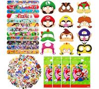 Ma-rio Party Bag Fillers, 50Pcs Super Stickers for Children, 12Pcs Snap Slap Bands, 10Pcs Party Bags, 12Pcs Masks for Kids Party, Party Supplies Kids' Party Favours