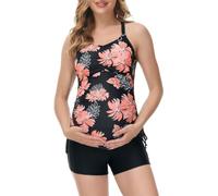 Maacie Maternity Tankini Sets Swimsuits Two Piece Floral Print Ruched Tops with Shorts Black
