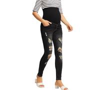 Maacie Women's Maternity Jeans Under Bump Stretchy Ripped High Waisted Pregnant Jeans Black L