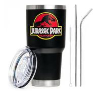 Maako Jurassic Park Stainless Steel Double-Insulated 30oz Black Tumbler Mug with Leak-Proof Lid - Metal Straw + Brush Included - Ideal Dinosaur Cup Gift