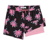 MaaMgic 5" Mens Swim Shorts with Compression Liner 4-Way Stretch Bathing Suit Swimming Shorts 2 in 1 Men's Swim Trunks with Zipper Pockets Quick Dry,Palm Black Pink 5,XL