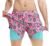 MaaMgic 5" Mens Swim Shorts with Compression Liner 4-Way Stretch Bathing Suit Swimming Shorts with Pockets,Coconut Pineapple,XS