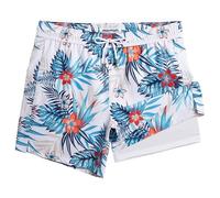 MaaMgic 5" Mens Swim Shorts with Compression Liner 4-Way Stretch Bathing Suit Swimming Shorts with Pockets,5.5 Blue Leaf Red Flowers,S