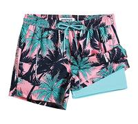 MaaMgic 5" Mens Swim Shorts with Compression Liner 4-Way Stretch Bathing Suit Swimming Shorts with Pockets,Black Coconut Grove,XL