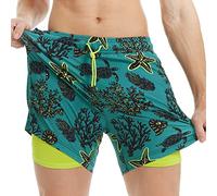 MaaMgic 5" Mens Swim Shorts with Compression Liner 4-Way Stretch Bathing Suit Swimming Shorts with Pockets,Starfish - Dark Green,S