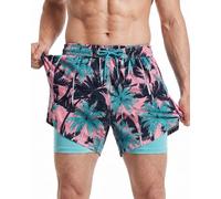 maamgic 5" Mens Swim Shorts with Compression Liner 4-Way Stretch Bathing Suit Swimming Shorts with Pockets,Black Coconut Grove,L