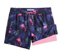 MaaMgic 5" Mens Swim Shorts with Compression Liner 4-Way Stretch Bathing Suit Swimming Shorts with Pockets,5.5 Navy Flamingo Palm Pink,XXL