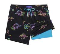 maamgic 5inch Mens Swim Trunks with Compression Liner 2-in-1 Swimming Shorts Stretch Quick Dry with Zipper Pockets, Black-light Blue Dinosaur, XS