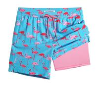 MaaMgic 7" Mens Swim Shorts with Compression Liner 4-Way Stretch Bathing Suit Swimming Shorts with Pockets,Hawaiian Flamingo,S