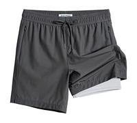 MaaMgic 7" Mens Swim Shorts with Compression Liner 4-Way Stretch Bathing Suit Swimming Shorts with Pockets,Grey + Light Grey,XXL