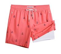 MaaMgic 7" Mens Swim Shorts with Compression Liner 4-Way Stretch Bathing Suit Swimming Shorts with Pockets,Pink Anchor,L