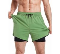 maamgic Mens Swimming Shorts 2-in-1 Quick Dry Grass Green Black Cr S | 5-inch inseam, soft anti-chafe liner, 4-way stretch, 2 hidden zip pockets, inner phone pocket, adjustable drawstring
