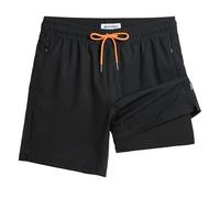 MaaMgic Mens Swimming Shorts with Compression Liner Men's Swim Trunks 2 in 1 Quick Dry Stretchy Board Shorts with Zipper Pockets Black-Black