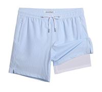 MaaMgic Mens Swimming Shorts with Compression Liner Men's Swim Trunks 2 in 1 Quick Dry Stretchy Board Shorts with Zipper Pockets Blue Stripe-White