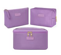MAANGE 3 Pcs Makeup Bag(L+M+S) Travel Cosmetic Bags with Brush Compartment PU Leather Small Makeup Bag Portable Make Up Bag Versatile Zipper Makeup Pouch for Women, Purple