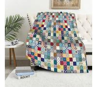MAAPCHP Flannel Fleece Blanket Throws for Sofa Fluffy Blanket Bed Throw for Bedroom Floral patchwork tile design. Colorful Moroccan Mediterranean square tiles mosai Blanket for Bed, Couch,Car 50x60in