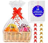MAARA 15 Large Cellophane wrap Bags For Hampers (50CMX70CM / 20"X27") Clear Hamper Basket Gift Bags With 20 Pull Bows, Clear Wrapping Cellophane For Presents Packaging