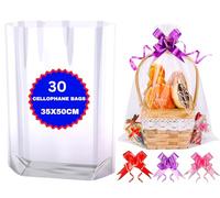 MAARA Clear Cellophane Bags Large, Pack Of 30, Clear Gift Bags (35x50CM/14"X20") With 30 Pull Bows, Large Cellophane Basket Hamper Wrap For Packaging