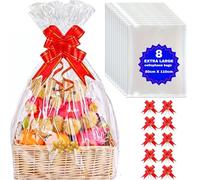 MAARA Extra Large Cellophane Wrap Bags For Hampers, Pack Of 8 (80CMX110CM) Hamper Basket Clear Plastic Gift Bags For Present Packaging, Hamper Wrapping Cellophane With 10 Pull Bows
