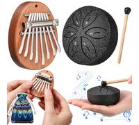 Maasechs 2 Pcs Mini Musical Instruments Mini Hand Kalimba and Rain Drum with Drumstick 8 Keys Finger Thumb Piano and 6 Notes Steel Tongue Drum Percussion Gift for Valentines Adult Beginners(Black)