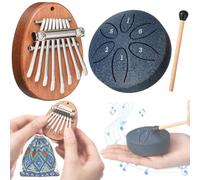Maasechs 2 Pcs Mini Musical Instruments Mini Kalimba and Rain Drum with Drumstick 8 Keys Finger Thumb Piano and 6 Notes Steel Drum for Graduation Nurse Gift Adult Beginners(Navy Blue)
