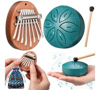 Maasechs 2 Pcs Mini Musical Instruments Mini Kalimba Thumb Piano and Rain Drum with Drumstick 8 Keys Finger Thumb Piano and 6 Notes Steel Tongue Drum Percussion Gift for Adult Beginners(Malachite)