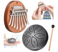 Maasechs 2 Pcs Mini Musical Instruments Mini Kalimba Thumb Piano and Rain Drum with Drumstick 8 Keys Finger Thumb Piano and 6 Notes Steel Tongue Drum Percussion Gift for Adult Beginners(Silver)