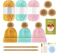 Maasechs Knitting Kit for Beginners Adults Complete Hat Knitting Kits Learn to Knit Kits with Yarn, Bamboo Needles, Pom Pom, Step-by-Step Instructions, Knit Accessories for Women Men Gifts (Bright)