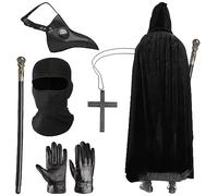 Maazusa 6Pcs Halloween Plague Doctor Costume Adult Plague Doctor Outfit Accessories Set Black Hooded Cape Bird Mouth Mask Gloves Cross Necklace for Halloween Cosplay Party