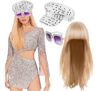 Maazusa 70s Disco Accessories for Women 3Pcs 1970s Disco Costume Set Sequin Hat Bling Sunglasses Wig Fancy Dress Kit for 70/80s Theme Party Birthday (White, Adult)
