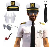 Maazusa 8Pcs Captain Sailor Costume Set for Men, Adult Captain Cap Outfit Accessories, Captain Sailor Dress-up Nautical Party Adult Costume for Halloween Cosplay (White, XXL)
