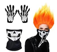 Maazusa Adult Halloween Ghost Costume Accessory Set: 3-Piece Knight Ghost Outfit with Skeleton Mask, Gloves, Orange Wig for Adults