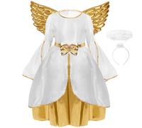 Maazusa Angel Costume for Girls, Angel Dress Set, Long White Gold Dress with Headband, Gold-Coloured Wings, Angel Cosplay Costume for Halloween, Christmas Theme Parties Party (130)