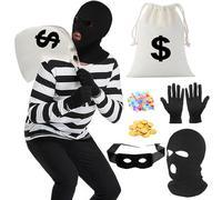 Maazusa Bank Robber Costume Men's Thief Costume Black and White Striped T-Shirt Gloves Eye Mask White Handbag Gold Coins for Halloween Carnival Cosplay Party (L)