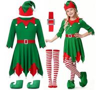 Maazusa Christmas Elf Cosplay Costume for Girls-5Pcs Red Santa Sequin Dress Hat Striped Stockings Belt, Xmas Girls Elf Fancy Dress Costume for Christmas Party (Red, 5-7Y)