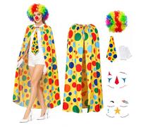 Maazusa Clown Costume Clown Rainbow Polka Dot Cape 7Pcs with Rainbow Cape Wig Nose Tie Gloves Tattoos, Clowns Fancy Dress Outfit for Halloween Masquerade Cosplay Party