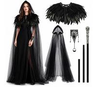Maazusa Gothic Fantasy Evil Queen Set Black Feather Shawl Layered Mesh Hooded Cape Staff Bracelet Witch Queen Villainess Cosplay