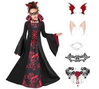 Maazusa Halloween Vampire Costumes for Girls Gothic Vampire Outfit Dress Artificial Teeth Necklace Artificial Elf Ears Eye Mask Vampire Costume for Halloween Carnival Party (150)