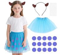 Maazusa Kids Halloween Monster Costume Set, 4Pcs Blue Monster Outfit with Headband Tutu Skirt Decorative Patches, Cute Blue Monsters Girls Costume for Halloween Party Birthday Celebrations