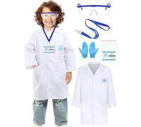 Maazusa Kids Scientist Costume Set for Kid 7Pcs Lab Coat Lanyard Goggles Gloves Card Scientist Cosplay Costume for World Book Day Theme Party Science Week (140-150cm)
