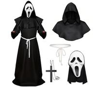 Maazusa Medieval Monk Costume for Adult 5Pcs Halloween Cloak Outfits Hood Robe Cross Linen Waist Rope Mask, Horror Monk Fancy Dress for Halloween Cosplay Party (Black, L)