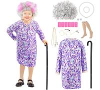 Maazusa Old Lady Costume Set Children's 10 Pieces Grandmother Costume Accessories with Floral Summer Dress Wig Socks Hair Clip Walking Stick Funny 100 Days of School Grandma Outfit for Halloween
