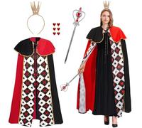 Maazusa Queen Cosplay Costume for Women 4 Pcs Queen Role Play Outfit Queen Cloak Crown Heart earrings Magic wand Queen's Costume Set for World Book Day Theme Party