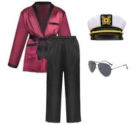 Maazusa Red Smoking Robe for Men 5Pcs Captain Accessories Suit Robe Pants Navy Hat Sunglasses Toy-Fake-Pipe Captain Fancy Dress for Theme Party Carnival World Book Day (Adult, M)