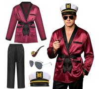 Maazusa Red Smoking Robe for Men 5Pcs Captain Accessories Suit Robe Pants Navy Hat Sunglasses Toy-Fake-Pipe Captain Fancy Dress for Theme Party Carnival World Book Day (Adult, L)
