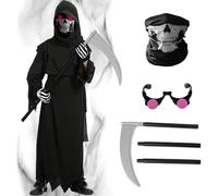 Maazusa Rim Reaper Costume Kids 6 Pcs Grim Reaper Scary Cosplay Death Eater Costume Horror Hooded Robe for Halloween Scary Fancy Dress Party (145)